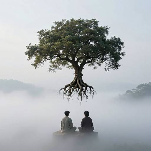 Photograph of two silhouetted men sitting cross-legged before a massive, root-exposed tree rising from misty fog, evoking serenity