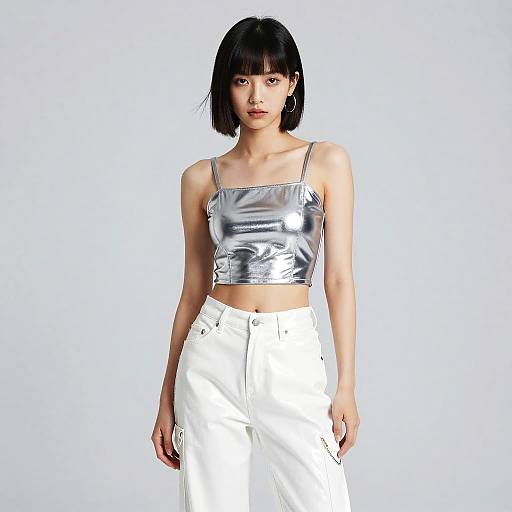 Photograph of an East Asian woman with short black hair, wearing a shiny silver crop top and white high-waisted pants, standing against a plain