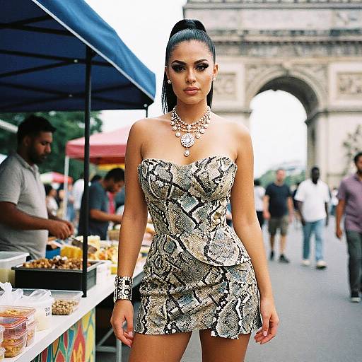 Photograph of a confident woman with dark hair in a high ponytail, wearing a strapless, snakeskin mini dress and statement necklace, standing in