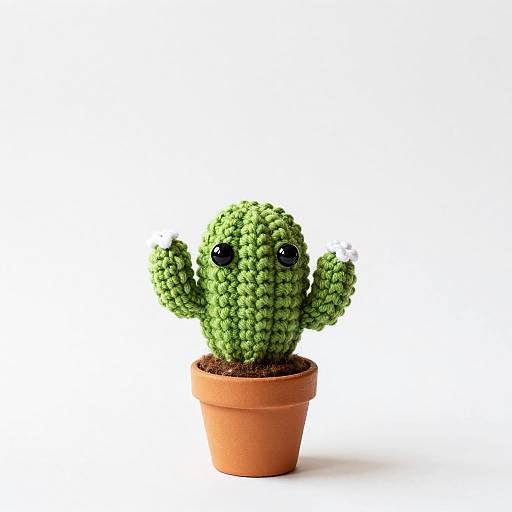 Photograph of a small, green, textured cactus with black round eyes and raised arms, in a brown terracotta pot, against a white
