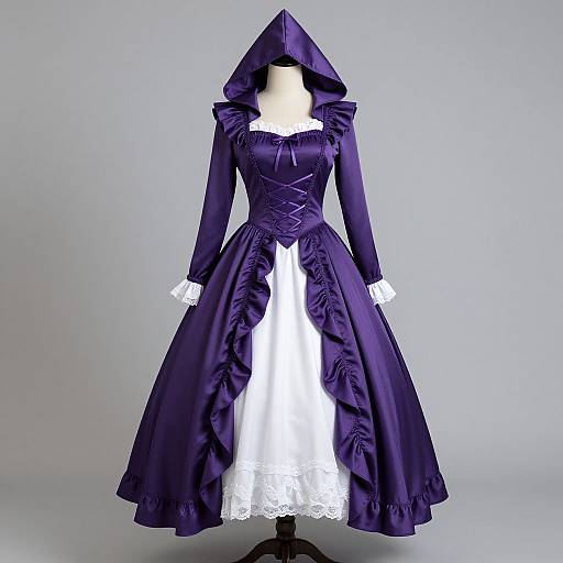 Photograph of a Victorian-style, dark purple dress with white lace trim, long sleeves, and hooded neckline, displayed on a mannequin against