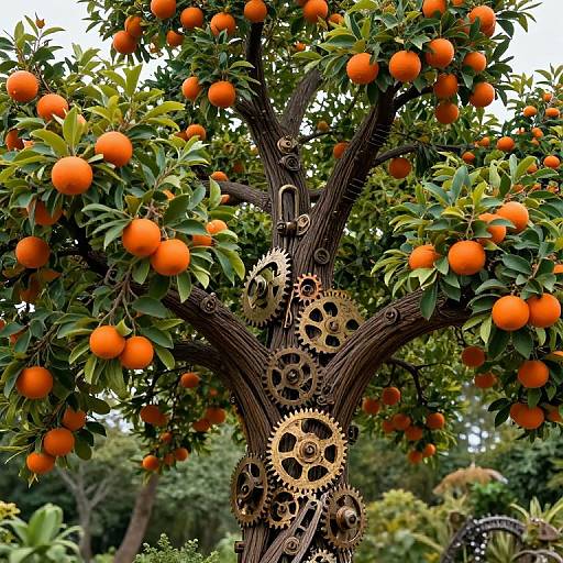 Photograph of a vibrant orange tree with bright oranges, blending organic greenery with intricately interwoven brown gears in the trunk.
