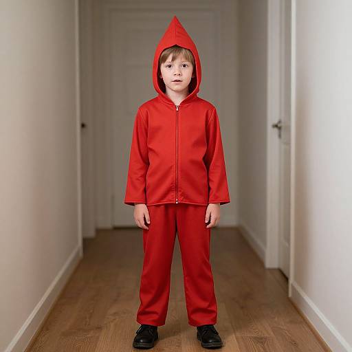 Photograph of a young boy standing in a narrow, white-walled hallway, wearing a bright red hooded onesie and black shoes.