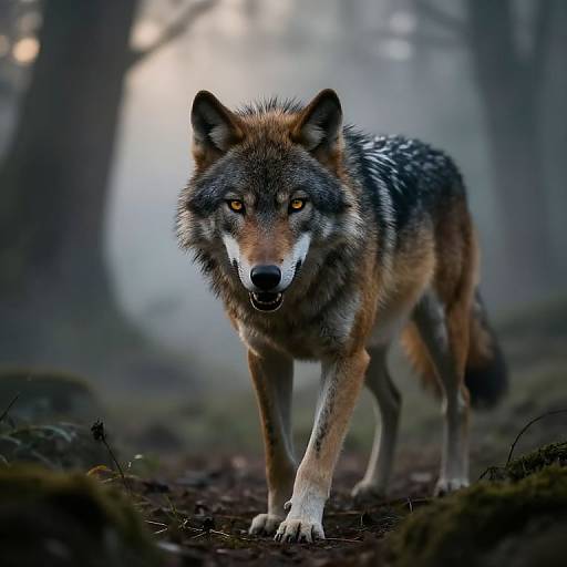 Digital artwork of a fierce, glowing-eyed wolf with brown and gray fur, standing on a misty forest path, background blurred.