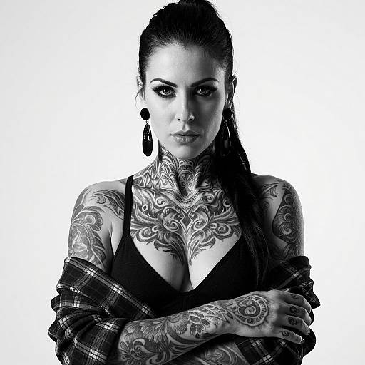 Black-and-white photo of heavily tattooed woman with dark hair, large earrings, black top, plaid shirt, arms crossed, intense gaze.