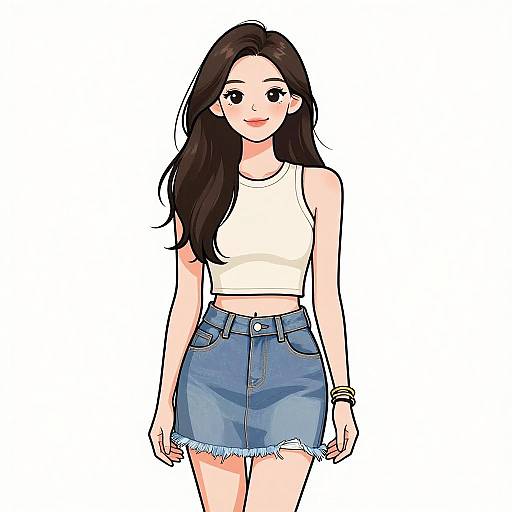 Digital anime-style drawing of a smiling young woman with long black hair, wearing a white crop top and blue denim skirt.