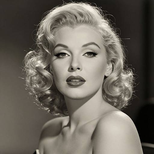Black-and-white photograph of a classic Hollywood-style woman with curled blonde hair, dramatic eyeliner, and glossy lips, looking directly at the camera.