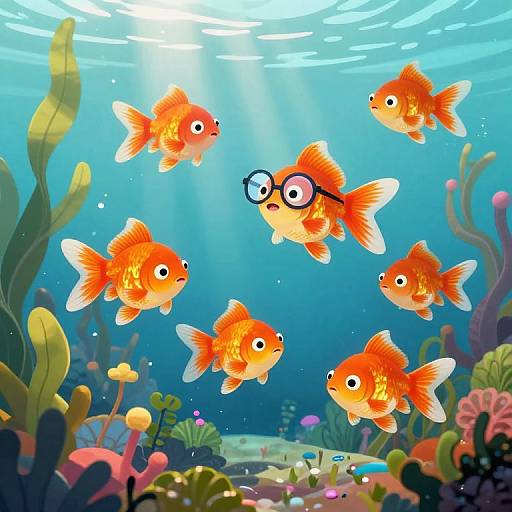 Colorful digital illustration of five orange goldfish with round eyes, one wearing black-rimmed glasses, swimming in a vibrant underwater coral reef. Sun
