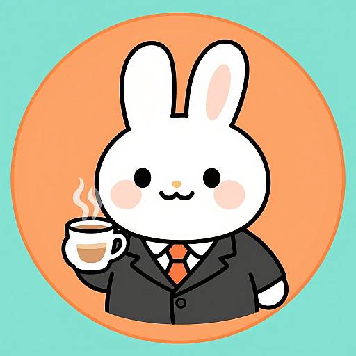 Cute digital cartoon of a white bunny in a black suit, holding a steaming cup, set against an orange circle on a blue background.