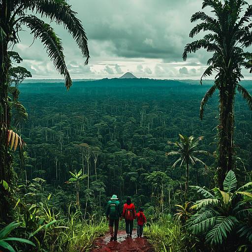 Family Hiking in Amazon Rainforest Landscape