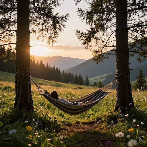 Photograph of person lounging in striped hammock between two trees, surrounded by grassy meadow with wildflowers, at sunset, with mountains and