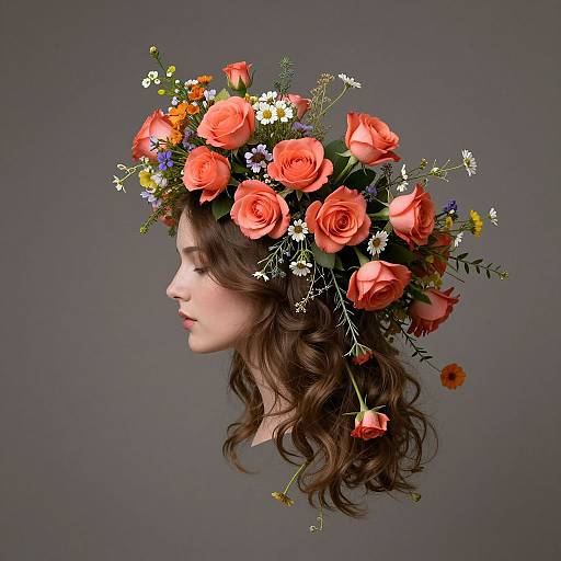 Photograph of a young woman in profile with wavy brown hair, wearing a vibrant floral crown of red roses, white daisies, and yellow