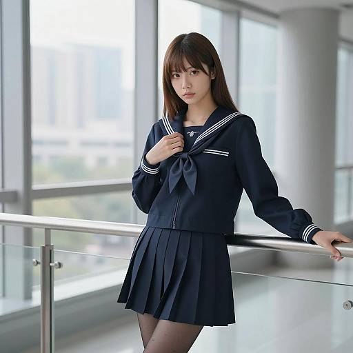 Elegant Asian Woman in Sailor Outfit