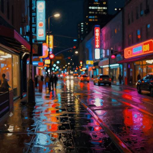 Vibrant, neon-lit, rainy urban street at night; colorful reflections on wet pavement, illuminated signs, blurred pedestrians, and cars, capturing