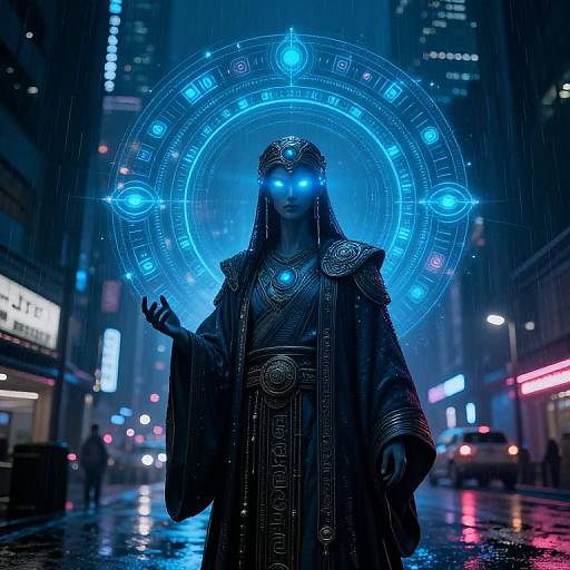 Cyberpunk street scene: glowing blue halo surrounds mysterious, robed figure with blue eyes, intricate dark attire, standing in rain-soaked city.