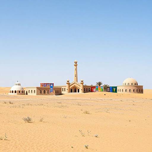 Digital illustration of an arid desert scene with a beige, domed mosque, minaret, and colorful 