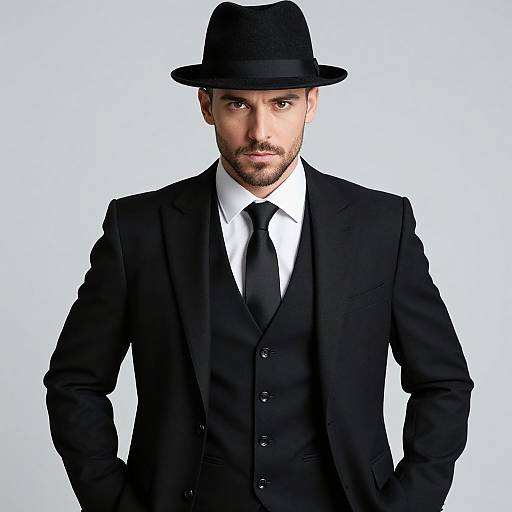 Photograph of a handsome, bearded man in black Victorian suit, white shirt, black tie, and black bowler hat, standing against a plain