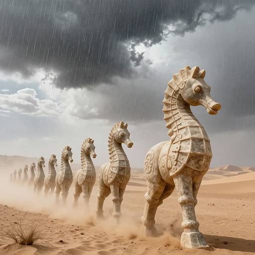 Photograph of a row of ancient stone horse statues in a desert, with dramatic, rain-filled sky and sunlight peeking through clouds. Dust swirls