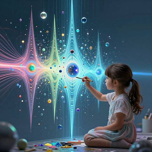 Photograph of a young girl in white dress painting vibrant, multicolored, starburst cosmic patterns with glowing, floating planets in a dark, futuristic