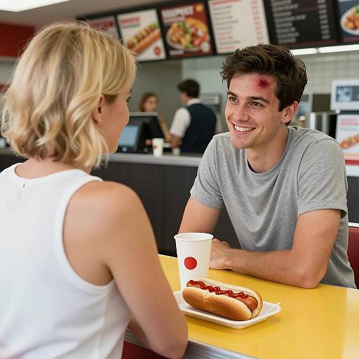 Young Couple Enjoying Hot Dog at Diner