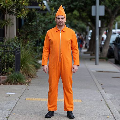 Photograph of a bearded man standing on a city sidewalk, wearing a bright orange prison jumpsuit with a matching pointed hat, black shoes, and