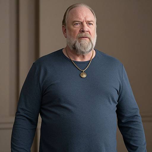 Photograph of a middle-aged, balding man with a gray beard, wearing a navy blue long-sleeve shirt and a gold necklace, standing