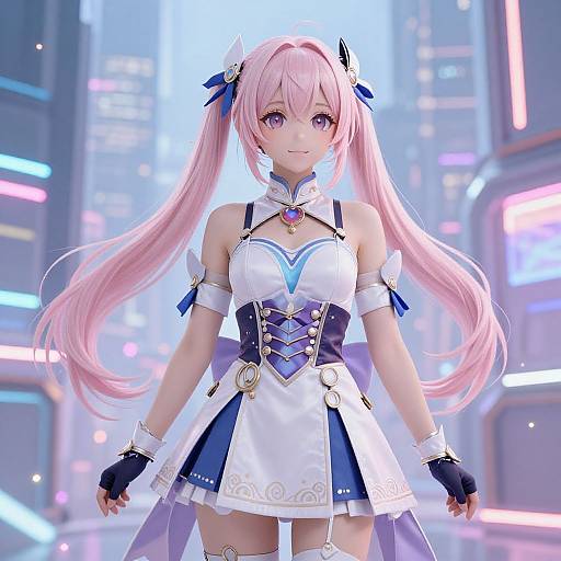 Digital anime artwork of a pink-haired, purple-eyed girl in a futuristic white and blue dress, standing in a neon-lit cityscape.