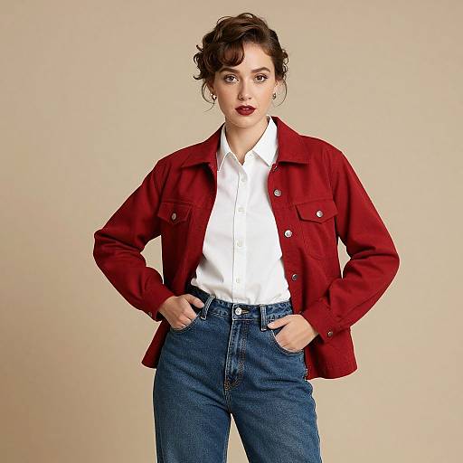 Photograph of a confident woman with curly brown hair, wearing a red jacket, white shirt, and blue jeans, standing against a beige background.