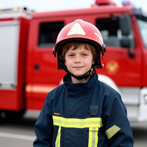 Boy with Red Helmet by Fire Truck