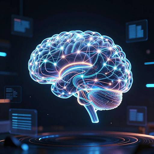 Neon-lit, wireframe brain hovering above a dark, futuristic control panel with glowing screens and ripples on a reflective surface. Digital CGI artwork