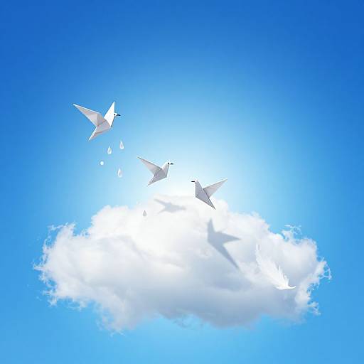 Photograph of three white birds flying above a bright white cloud against a vivid blue sky, with sunlight radiating from the cloud.
