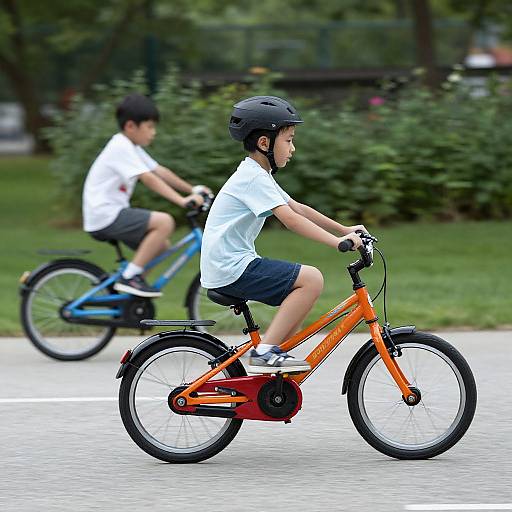 Photograph of two young boys riding bicycles on a paved path in a park; foreground boy on orange bike, background boy on blue bike.
