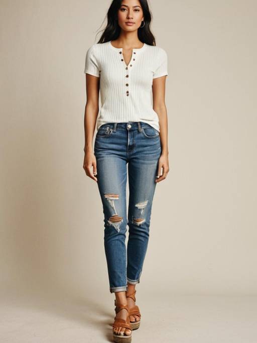 Casual Chic Woman in White Henley Top and Distressed Jeans