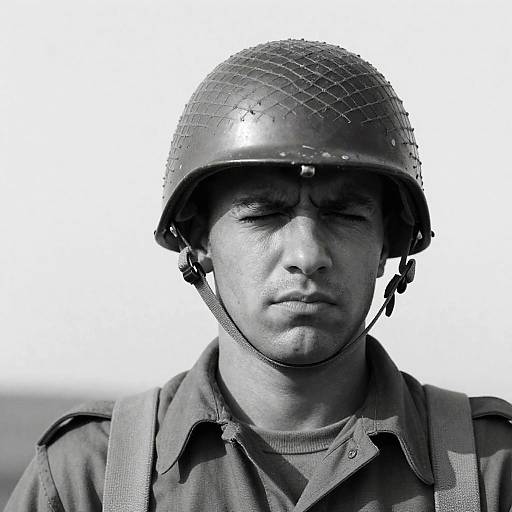 Black and white portrait of male soldier with helmet