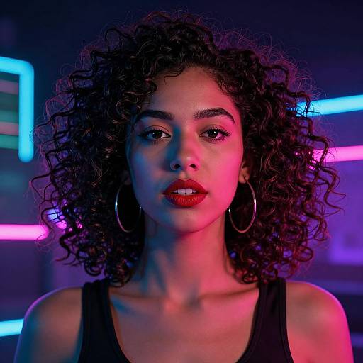 Photograph of a curly-haired woman with red lipstick, hoop earrings, and black tank top, illuminated by neon blue and pink lights.