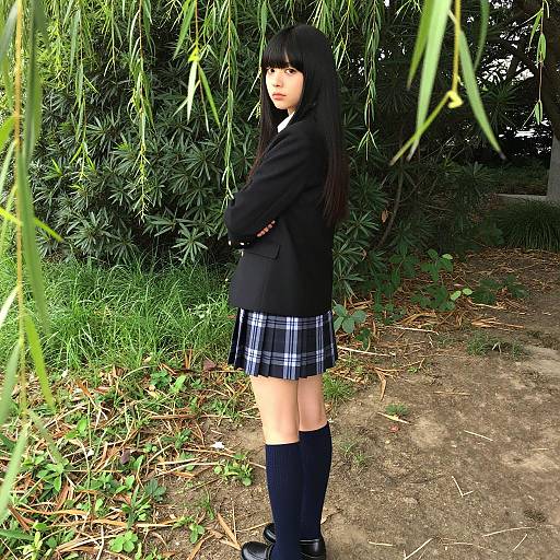Japanese schoolgirl standing outdoors near greenery