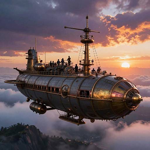 Steampunk Airship Over Cloudy Mountains