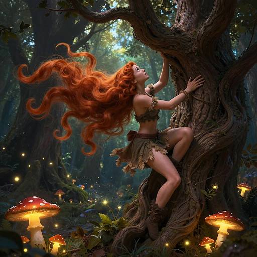 Fantasy digital artwork of a red-haired, fair-skinned woman in a leafy outfit climbing a tree in a mystical forest with glowing mushrooms and fire