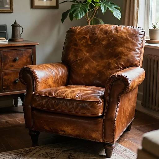 Photograph of a brown, worn leather armchair with rolled arms, set in a sunlit, rustic living room with wooden furniture and a potted