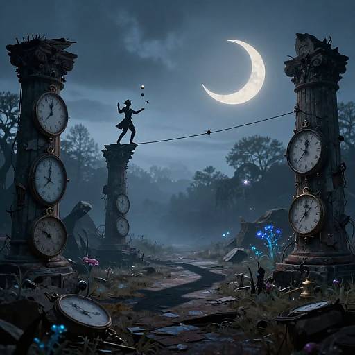 Magical twilight scene: silhouetted figure juggling clock hands under crescent moon, surrounded by ancient clock pillars, misty forest, glowing