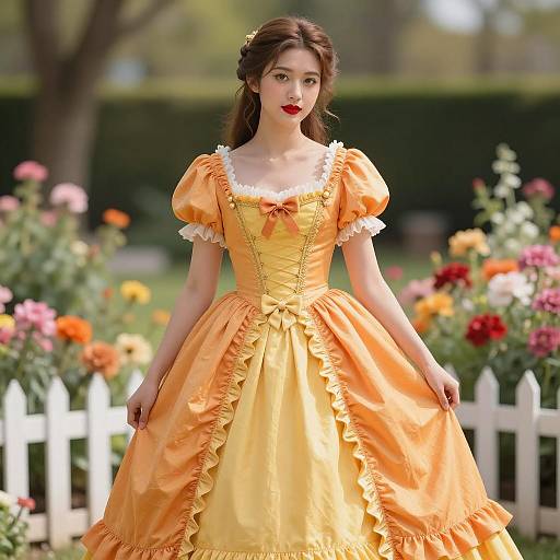 Young Woman in Elegant Marie Antoinette Style Dress in Garden