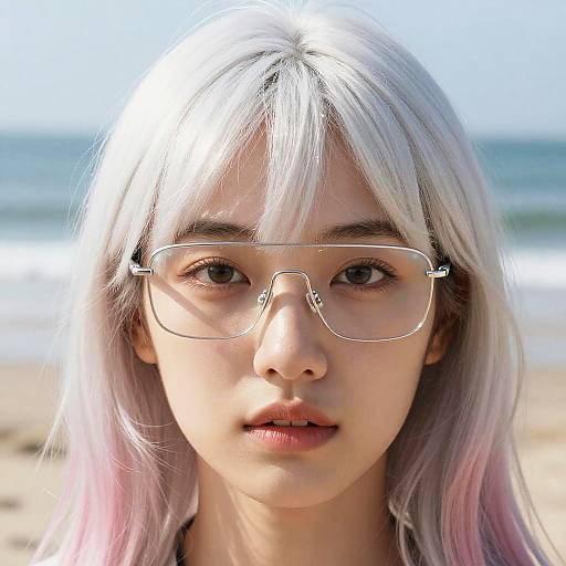 Close-up photograph of an East Asian woman with long, white and pink hair, wearing clear-framed glasses, standing on a sunny beach with blue ocean