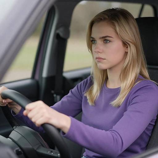 Serious Young Woman Driving in Purple
