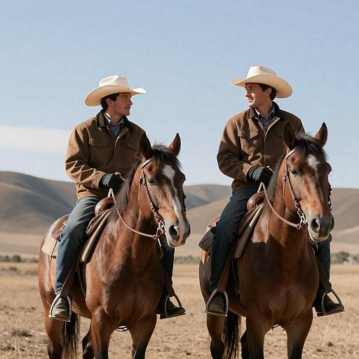 Cowboys on Horses in Hilly Landscape