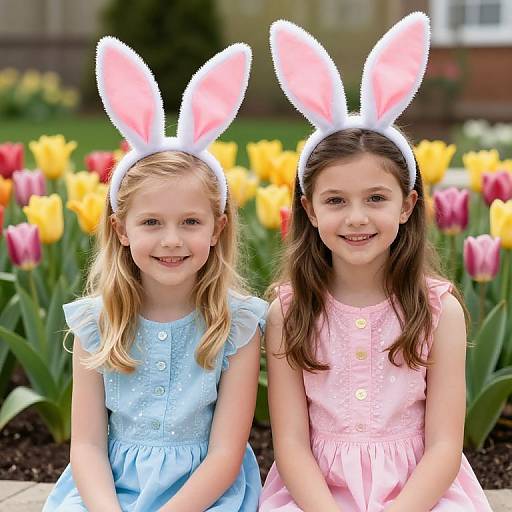 Photograph of two smiling young girls, one in blue dress and the other in pink, wearing white bunny ears, sitting in front of a colorful tul