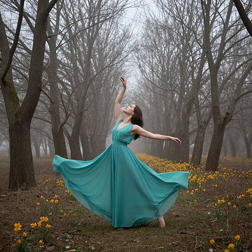 Photograph of a woman in a flowing turquoise dress, arms raised, dancing in a misty forest with yellow daffodils.
