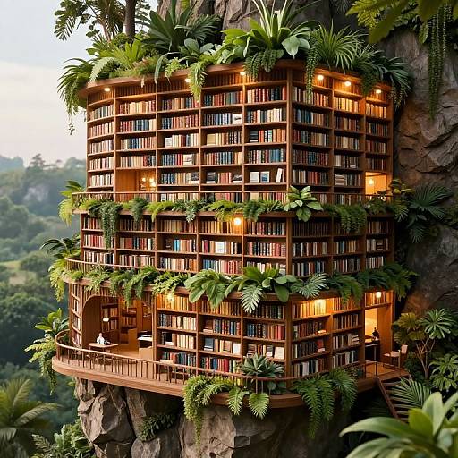 Photograph of a futuristic, cylindrical wooden library suspended from a rocky cliff, covered in lush green plants, with warm yellow lights illuminating its multi-layer