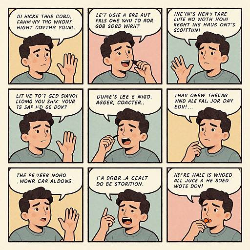 Comic strip: A nervous man with black hair and a blue shirt discusses code with a friend, showing anxiety and confusion. Speech bubbles convey their conversation.