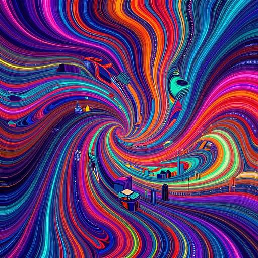Vibrant, psychedelic digital artwork with swirling, colorful, neon-like lines in blue, red, orange, and purple, featuring small geometric shapes and