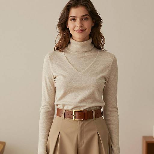 Woman in Beige Layered Outfit with Brown Leather Belt